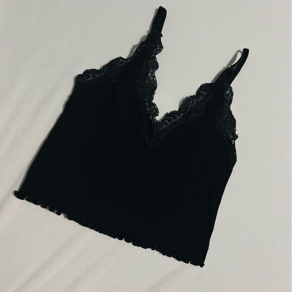 Tops - Black Lace Cami Crop Top Lettuce Hem